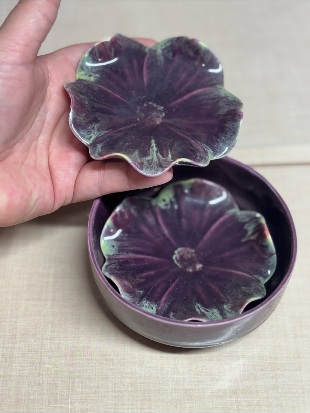 Handcrafted Floral Ceramic Dish Set in Deep Purple and Green